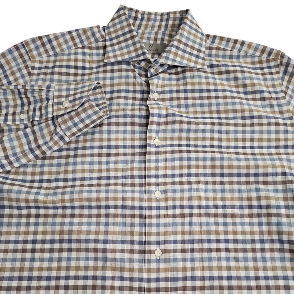 Canali Men's 42 - 16 1/2 Beige, Blue Check Long Sleeve Dress Shirt Made In Italy
